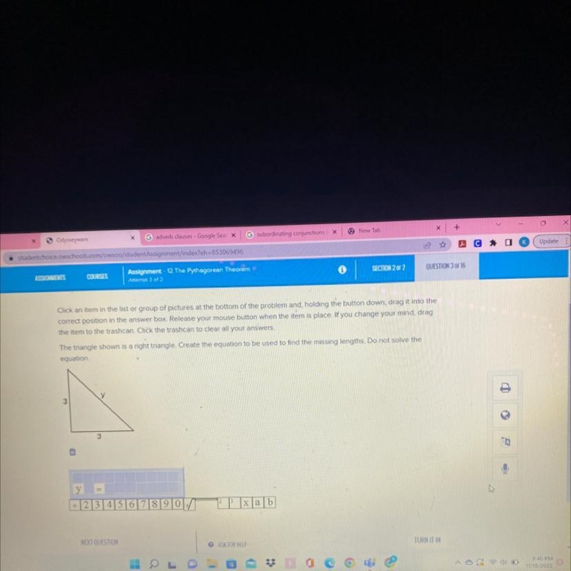 The triangles shown is a right triangle create the equation to be used to find the-example-1