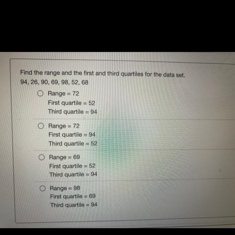 Find the range and the first and third quartiles for the data set.94, 26, 90, 69, 98, 52, 68-example-1