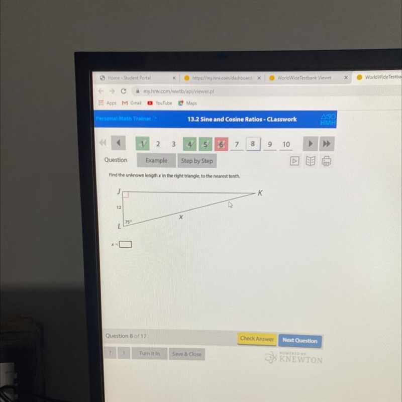 Find the unknown length x in the right triangle, to the nearest tenth. - K 12 Х 75° L-example-1