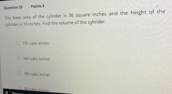 The base area of the cylinder is 36 square inches and the height of the cylinder is-example-1