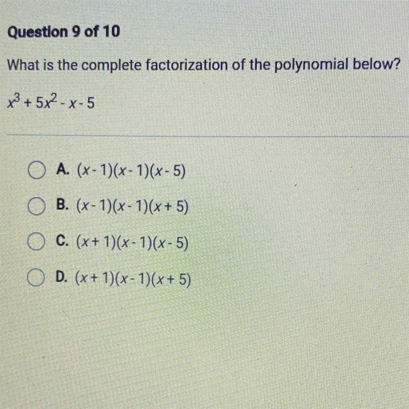 What is the complete factorization of the polynomial below?x^3+5x²-x-5O A. (x-1)(x-example-1