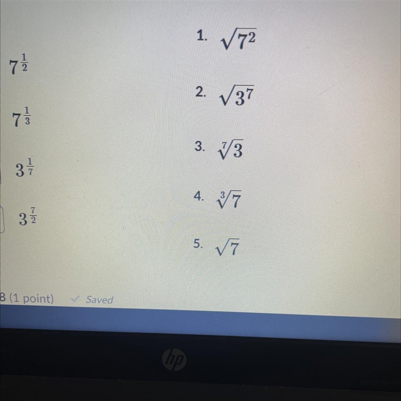 Match each expression with an equivalent radical form. One of the radical form options-example-1