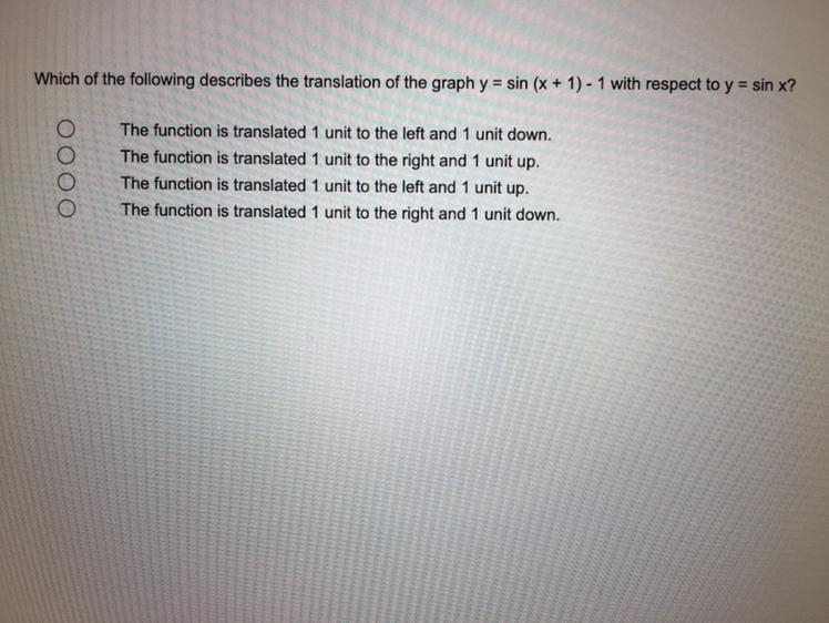 Which of the following describes the translation of the graph y = sin (x + 1) - 1 with-example-1