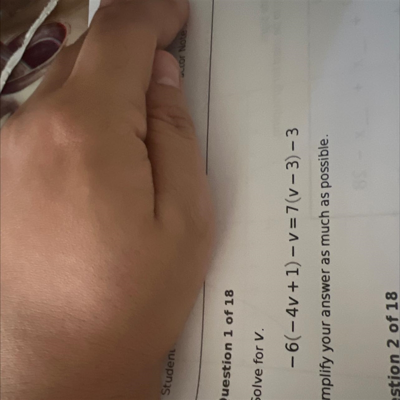 Solve for v.-6(-4v+1)-v=7(v-3)-3 Simplify your answer as much as possible!-example-1