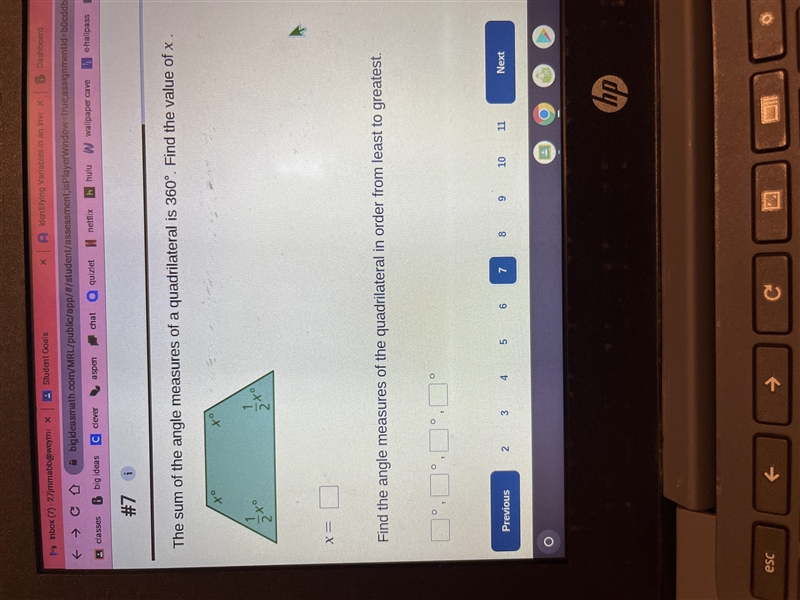 The sum of the angle measures of a quadrilateral is 360 degrees find the value of-example-1