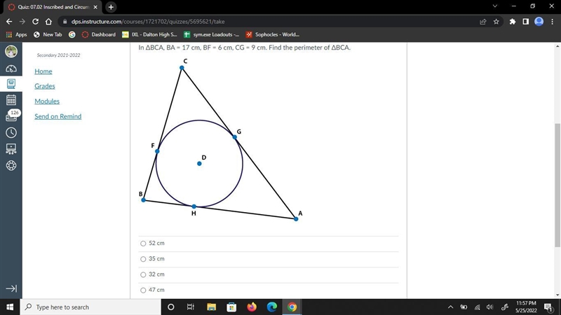 In ΔBCA, BA = 17 cm, BF = 6 cm, CG = 9 cm. Find the perimeter of ΔBCA.-example-1