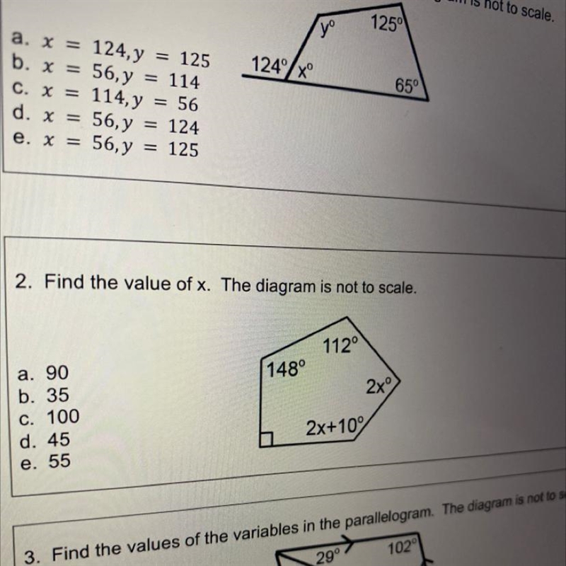 2. Find the value of x. The diagram is not to scale.112°148°2xa. 90b. 35C. 100d. 45e-example-1