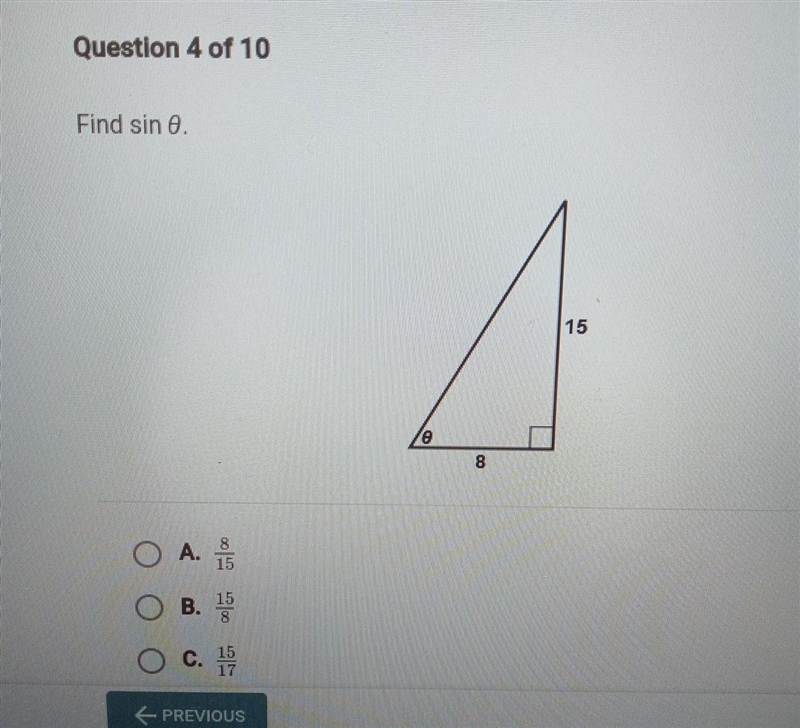 Find sin 0 a 8/15 b 15/8 c 15/7 d 8/17​-example-1