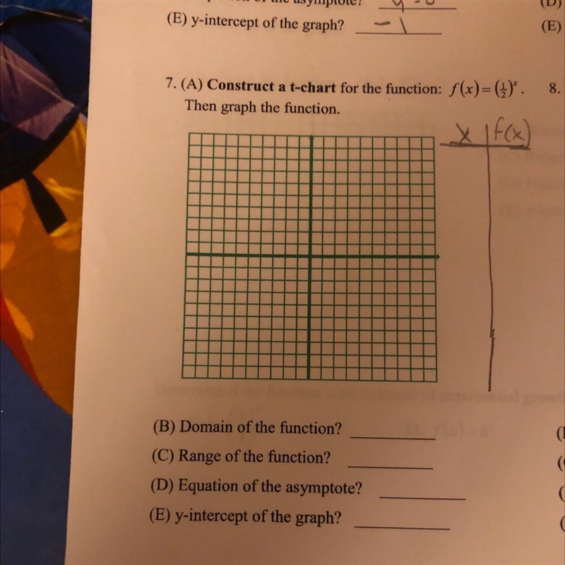 A) Construct a t-chart for the function: f(x) = (1/2)^xThen Graph the function.B) domain-example-1