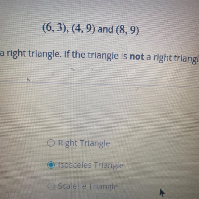 Determine whether or not the given points form a right triangle if the triangle is-example-1