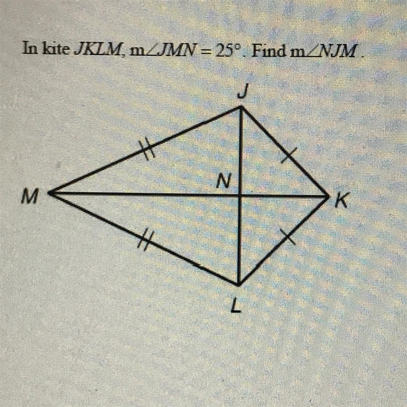 In kite JKLM, m JMN = 25°. Find m angle NJM-example-1