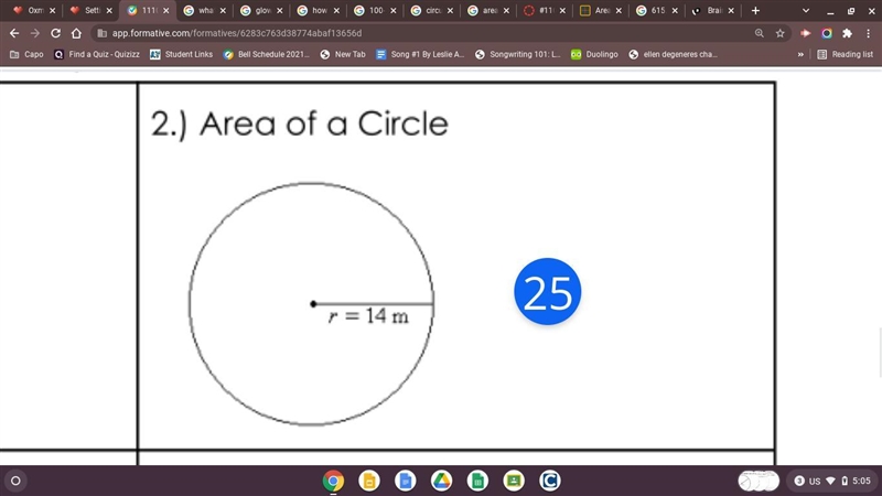 Whats the area of a circle with 14 meters-example-1