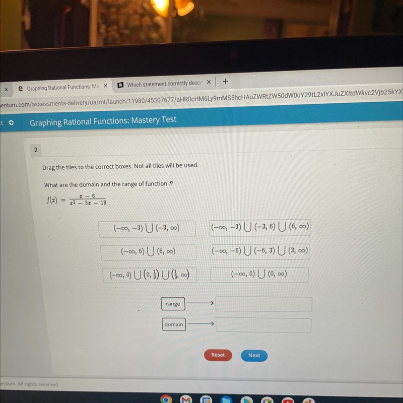 What are the domain and the range of function ?()5 - 622 - 35 – 18(-0, -3) U(-3,)(-co-example-1