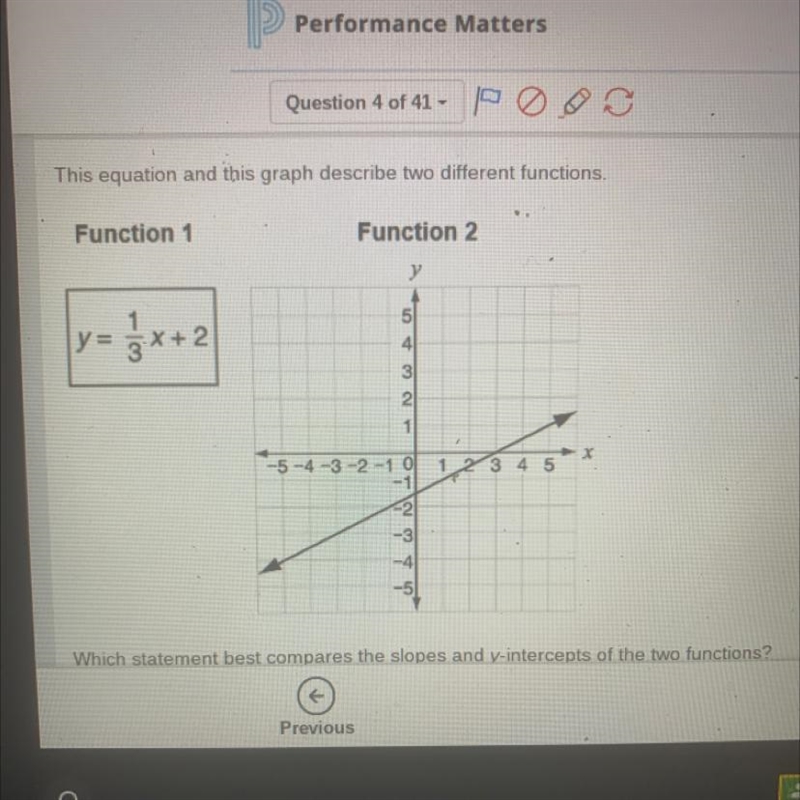 Which statement best compares the slopes and y intercepts of the two functions Function-example-1