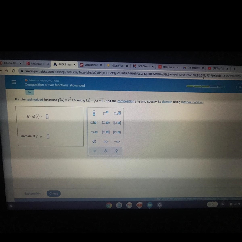 For the real values functions f(x) = x + 5 and g(x) = Vx-4, find the composition f-example-1