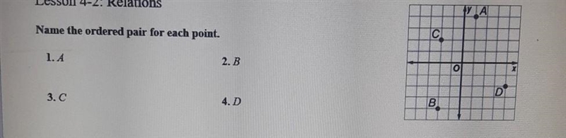 Lesson 4-2: Relations VA Name the ordered pair for each point. C С 1.A 2.B DI 3.C-example-1