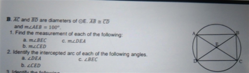 AC and BD are diameters of E. AB = CD and m <aeb = {100}^(o) 1. Find the measurement-example-1