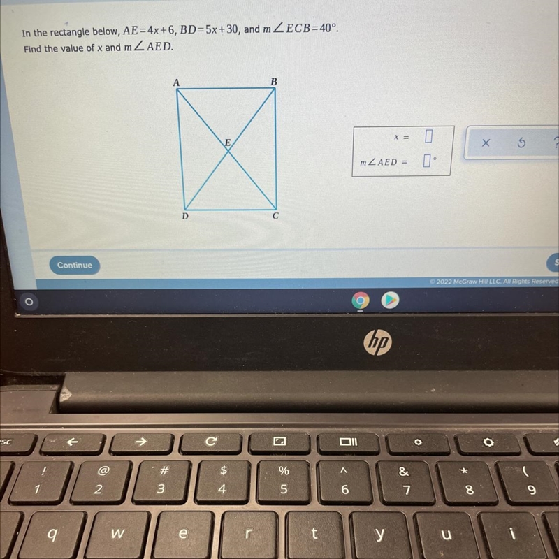 In the rectangle below, AE = 4x + 6, BD=5x+30, and m L ECB=40°Find the value of x-example-1