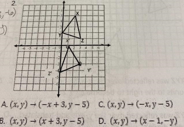 mations that has occurred.2.2A (x,y)-(-+3.y-5) C (x,y) - (x,y-5)B. (x,y) = (x+3y-5) D-example-1