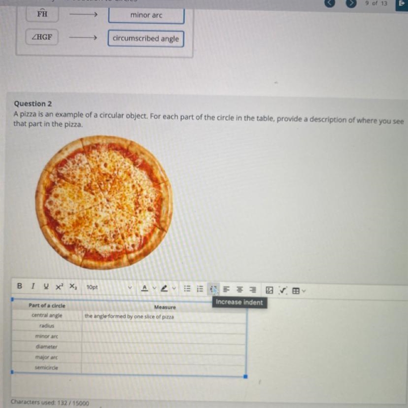 What terms do i use when describing what each part of the pizza is?-example-1