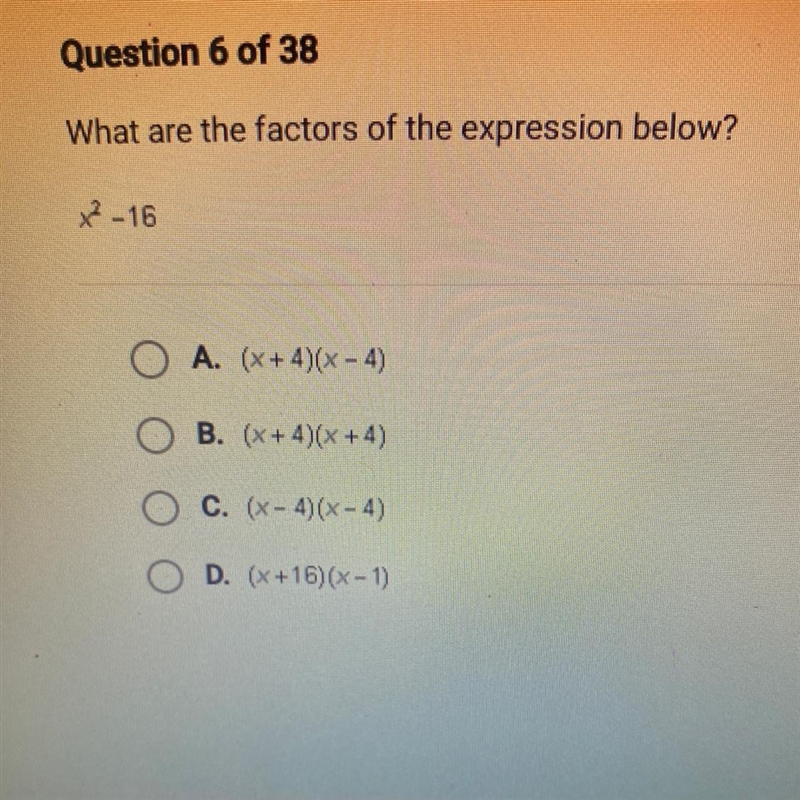 What are the factors of the expression below? x2-16-example-1