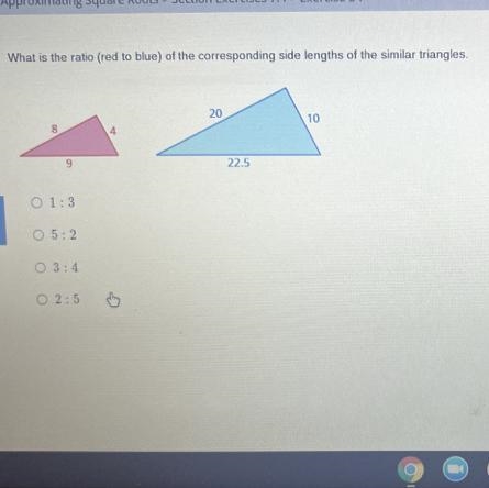 What is the ratio (red to blue) of the corresponding side lengths of the similar triangles-example-1