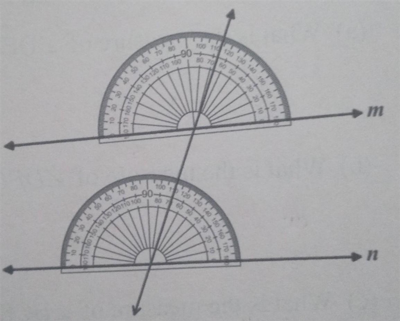 How can you use the protractor measurements in the diagram to conclude that line m-example-1