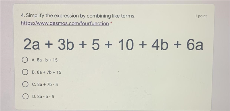 Simplify the expression by combining like terms2a + 3b + 5 + 10 + 4b + 6b-example-1