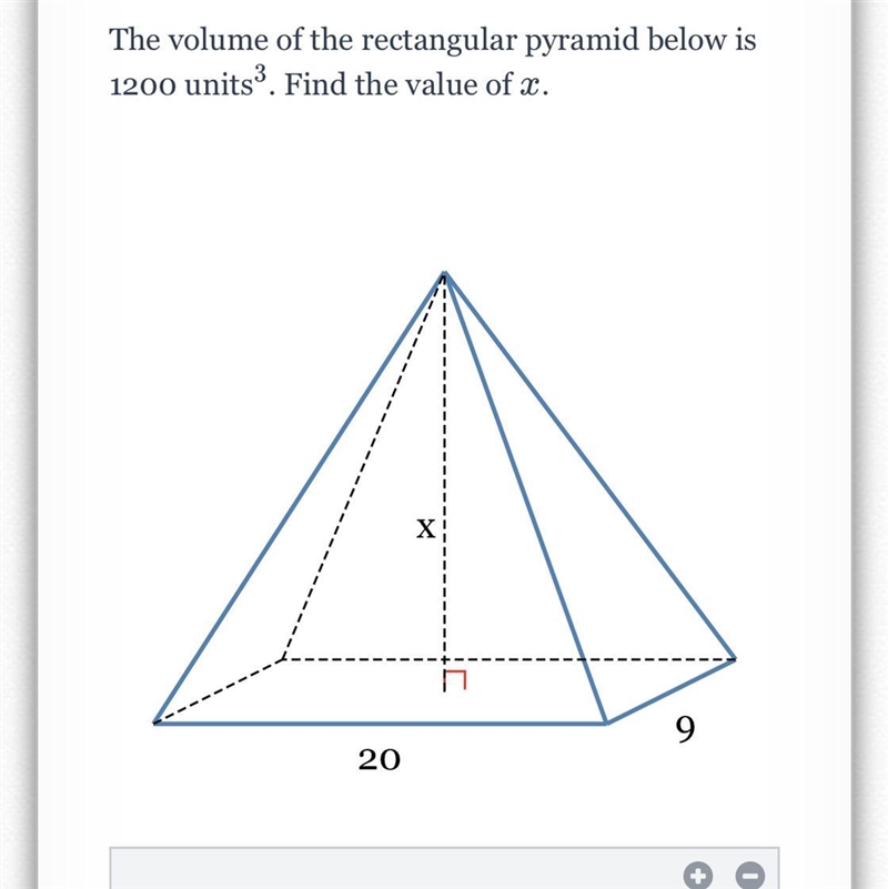 The volume of the rectangular pyramid below is 1200 units^3. Find the value of x-example-1