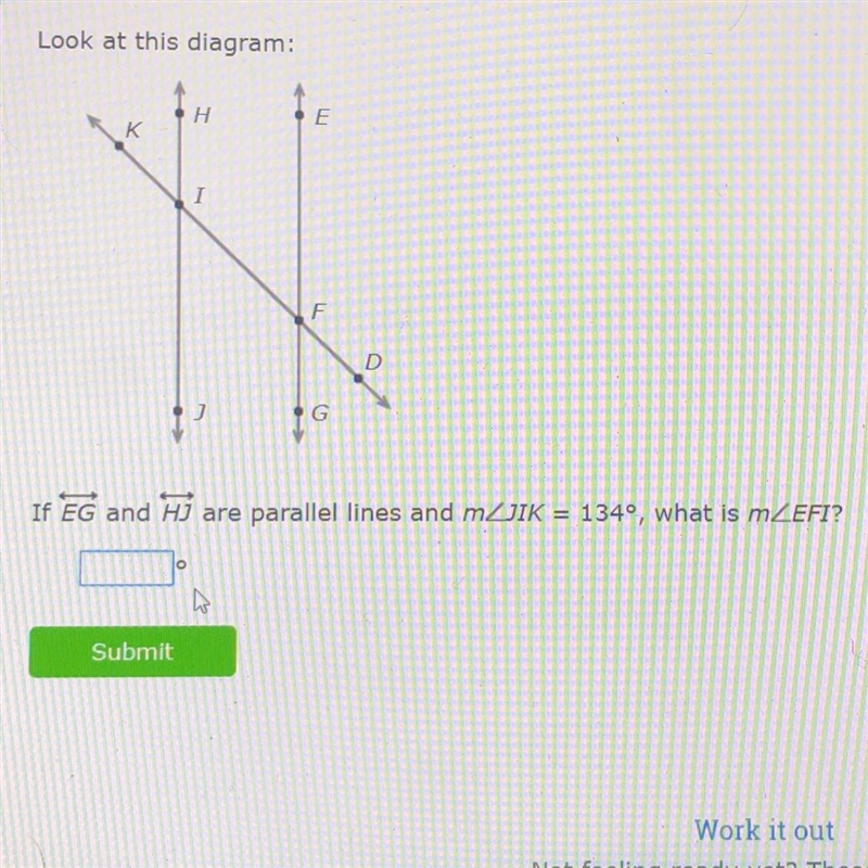 Look at this diagram:If EG and HJ are parallel lines and mZJIK = 1340, what is mZEFI-example-1