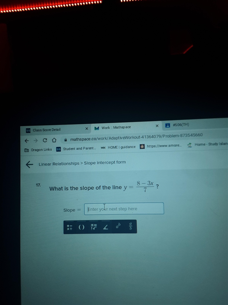 What is the slope of the line Y equals 8 - 3 x / 7-example-1