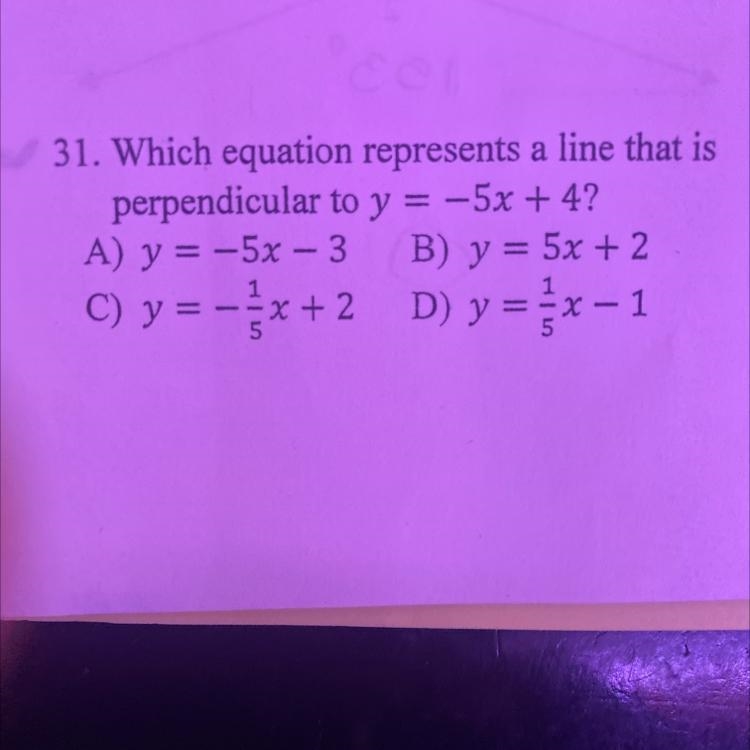 Which equation represents a line that is perpendicular to y=-5x+4?-example-1