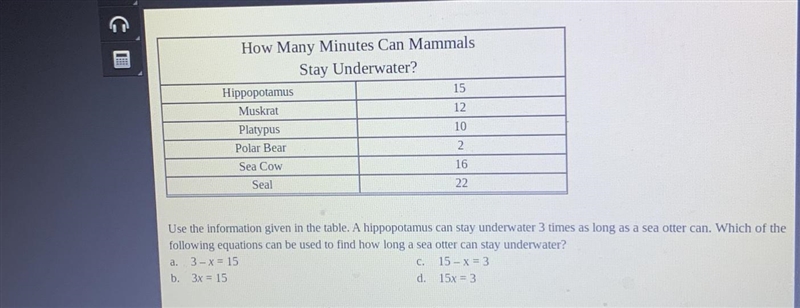 How Many Minutes Can Mammals Stay Underwater? Hippopotamus 15 Muskrat 12 Platypus-example-1