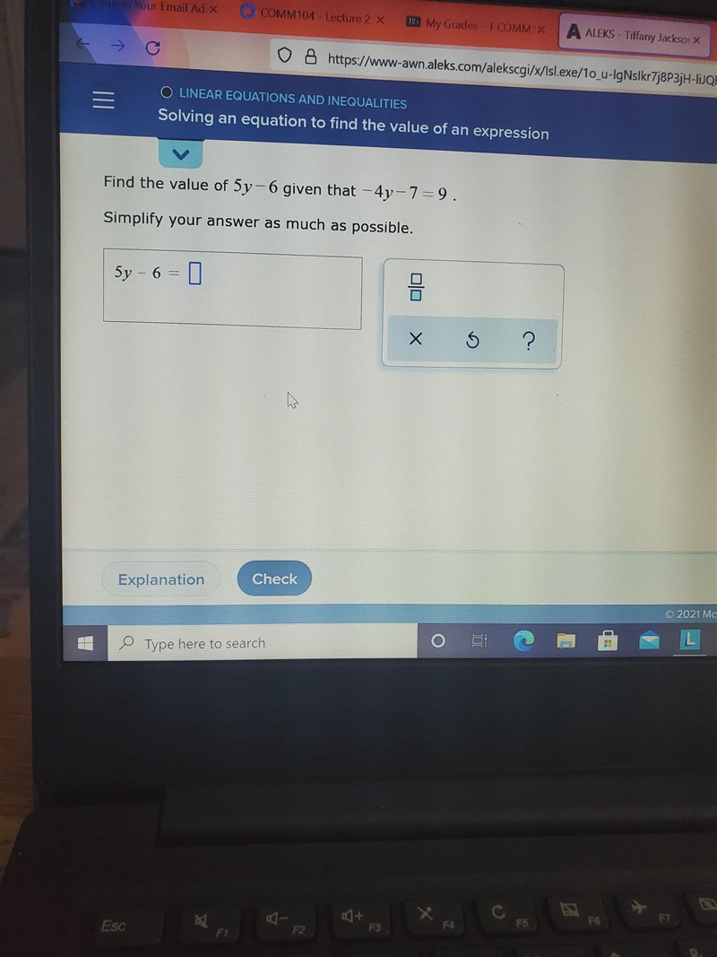 Find the value of 5y - 6 given that -4y - 7= 9. Simplify your answer as much as possible-example-1