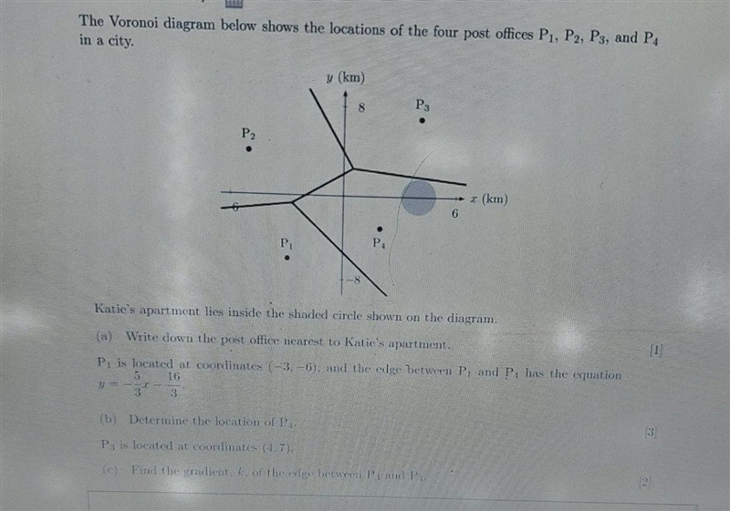 The Voronoi diagram below shows the locations of the four post offices P_{1} , P_{2} P-example-1