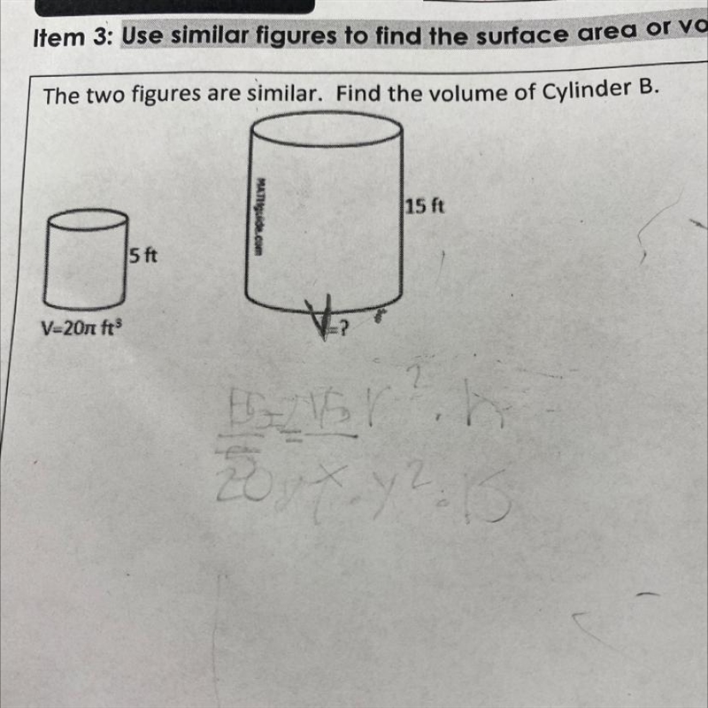 The two figures are similar. Find the volume of cylinder B. Help asap-example-1