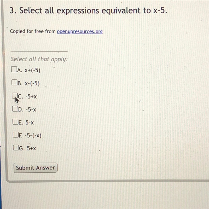 3. Select all expressions equivalent to x-5. Copied for free from openurresources-example-1