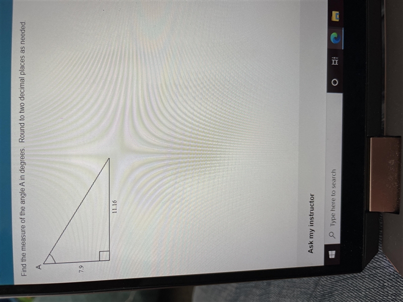 Find the measure of the angle A in degrees. Round to two decimal places-example-1