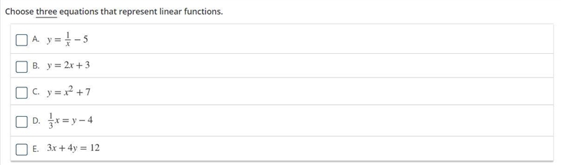 Choose three equations that represent linear functions.-example-1