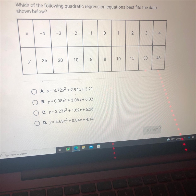 Which of the following quadratic regression equations best fits the datashown below-example-1