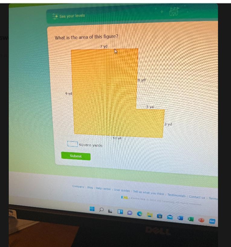 What is the area of this figure? 7 yd 6 yd 9 yd 3 yd 3 yd 10 ya square yards Submit-example-1