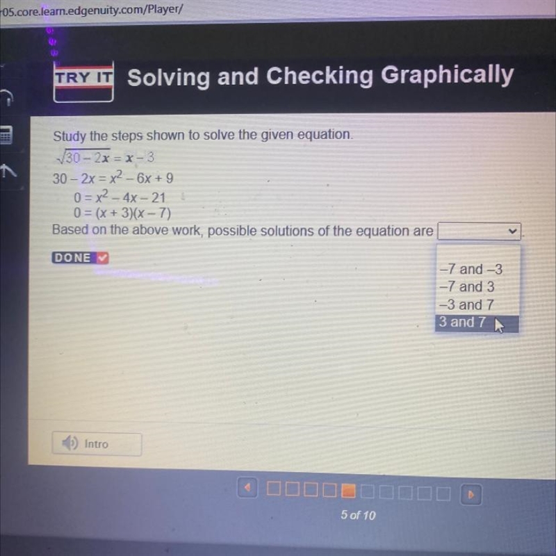 пfStudy the steps shown to solve the given equation.V30 - 2x = x-330-2x = x2 - 6x-example-1