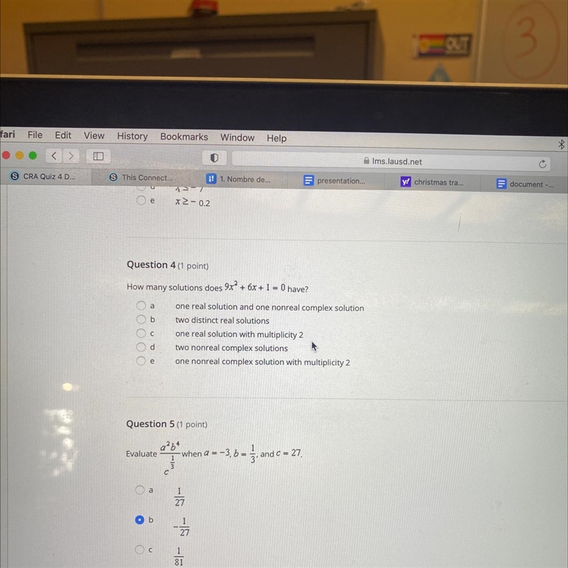 Question 4 (1 point)How many solutions does 9x? + 6x + 1 = 0 have?-example-1