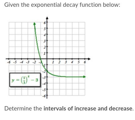 Given the exponential decay function below:Determine the intervals of increase and-example-1