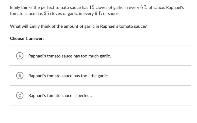 Emily thinks the perfect tomato sauce has 15 cloves of garlic in every 6 L end text-example-1