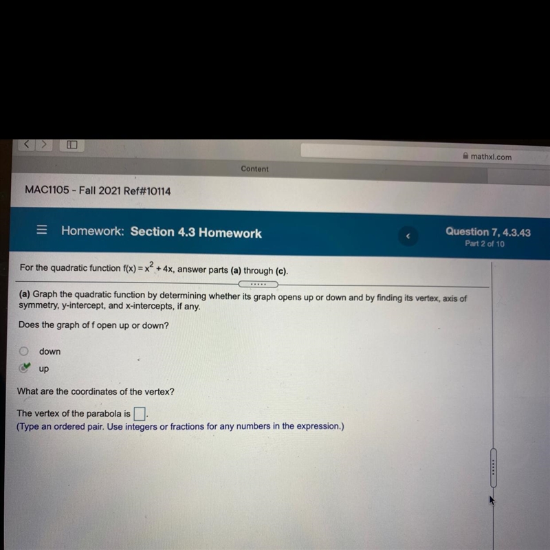 Help with this question please!!What are the coordinates of the vertex?-example-1