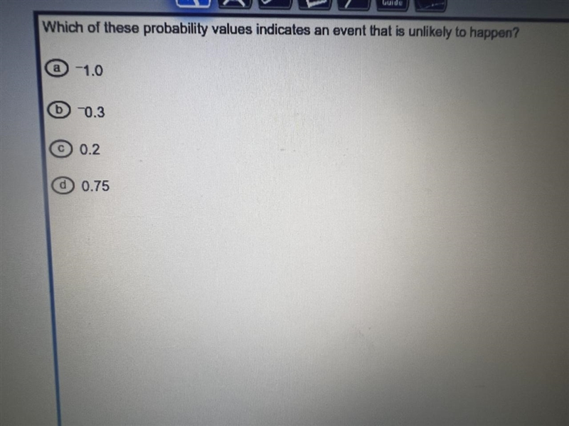 Which of these probability values indicates an event that is unlikely to happen?a-example-1