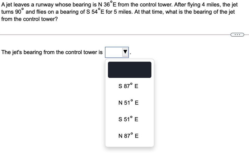 A jet leaves a runway whose bearing is N 36°E from the control tower. After flying-example-1