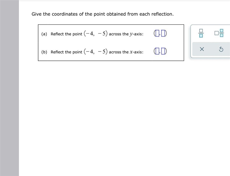 May I please get help with finding the reflections for each I’ve tried many times-example-1