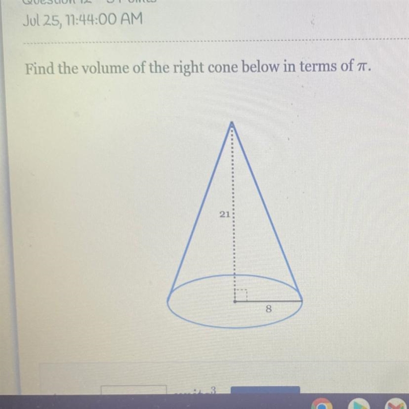 Find the volume of the right cone below in term of-example-1